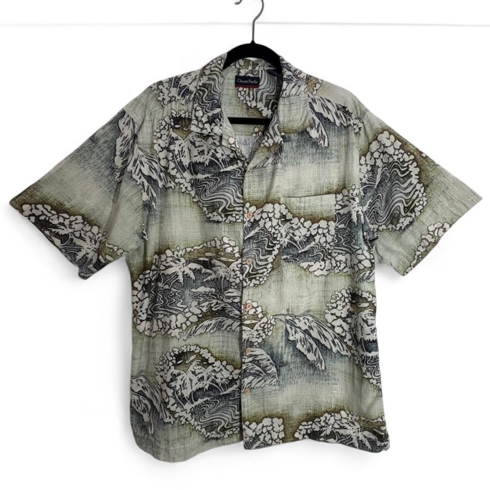 Vtg 100% Silk Hawaiian Shirt Ocean Pacific Tropical Palm Print Green White  L